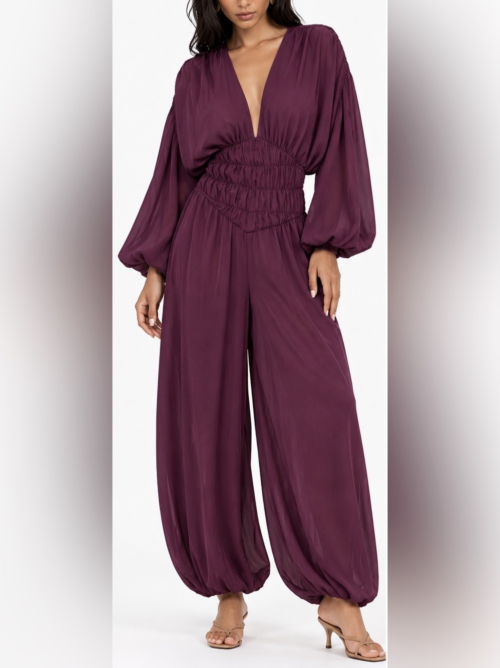 Pleated Balloon Sleeve Jumpsuit